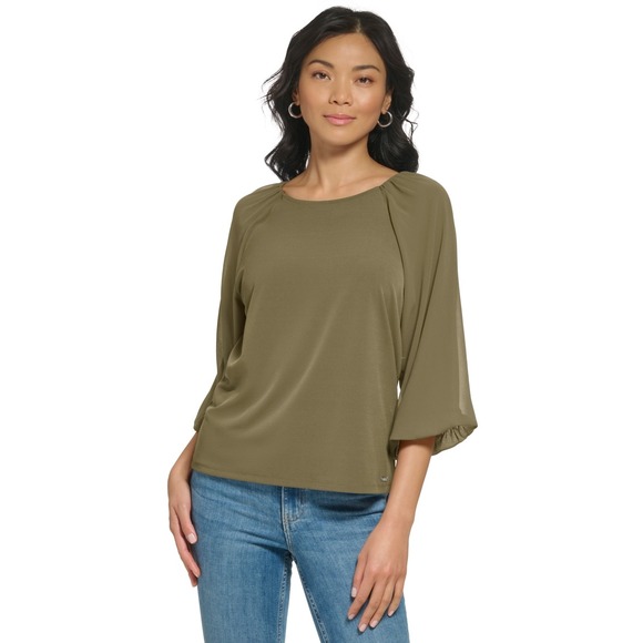 Calvin Klein Blouse Womens L Olive Green 3/4‎ Chiffon Sleeve Shirt NWT - Picture 1 of 11